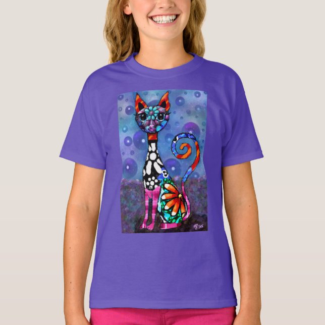 Camiseta Whimsical Big-Eyed Funky Abstract Kitty Cat (Frente)