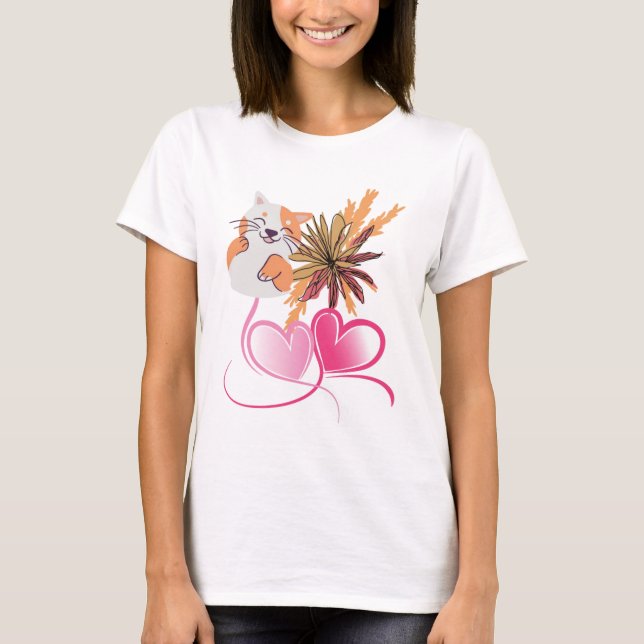 Camiseta Whimsical Cat Mom Pink Hearts & Wildflower Floral  (Frente)
