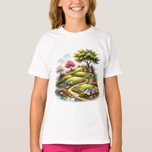 Camiseta Whimsical Cottage Garden Landscape Art (Frente)