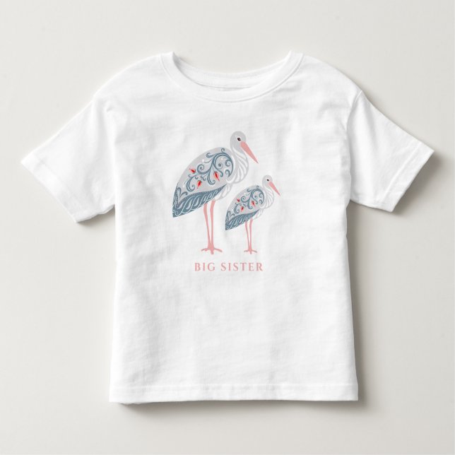 Camiseta Whimsical Folk Art Stork | Irmã Maior (Frente)