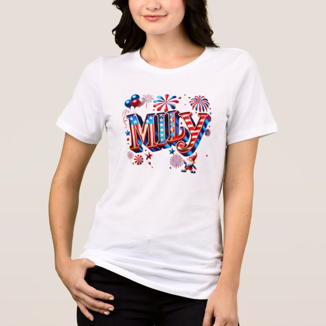 Camiseta Whimsical Patriotic "MILEY" Name Art with Gnome &  (Frente)