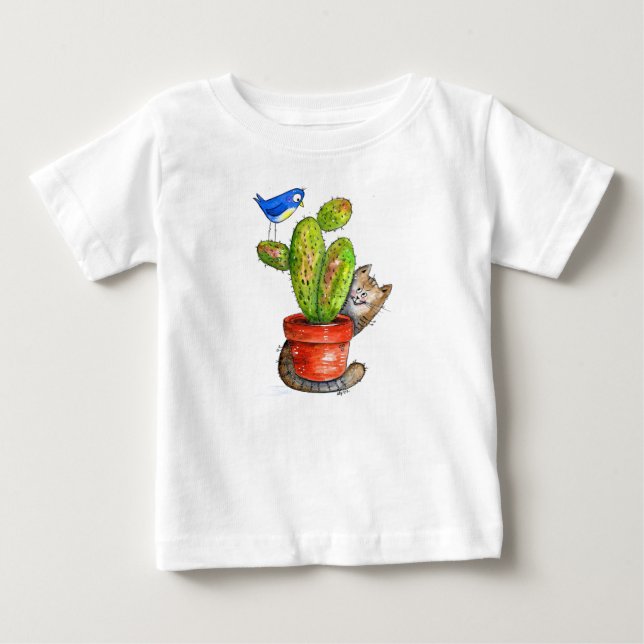 Camiseta Whimsical Sneaky Cat com Cactus (Frente)