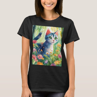 Camiseta Whimsical Watercolor Cat in Floral Garden | Cute N