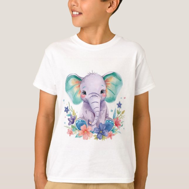 Camiseta Whimsical Watercolor Elephant Kids Art Print (Frente)