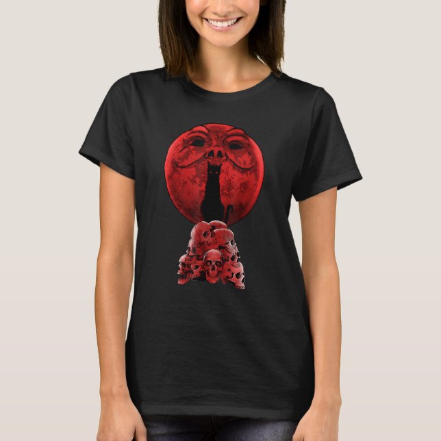 Camiseta Whimsigoth Red Halloween Cat Skull Moon Gothi (Frente)