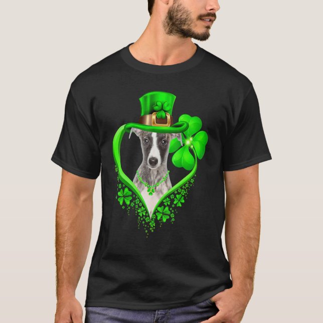 Camiseta Whippet Dog Dia de São Patrício Lover Irish Shamro (Frente)