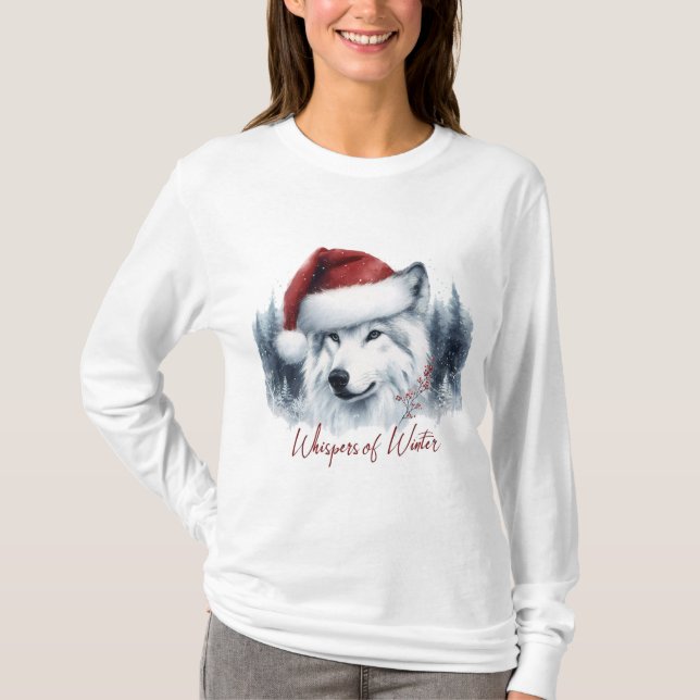Camiseta Whispers do inverno - Lobo Aquarela em Santa Hat (Frente)