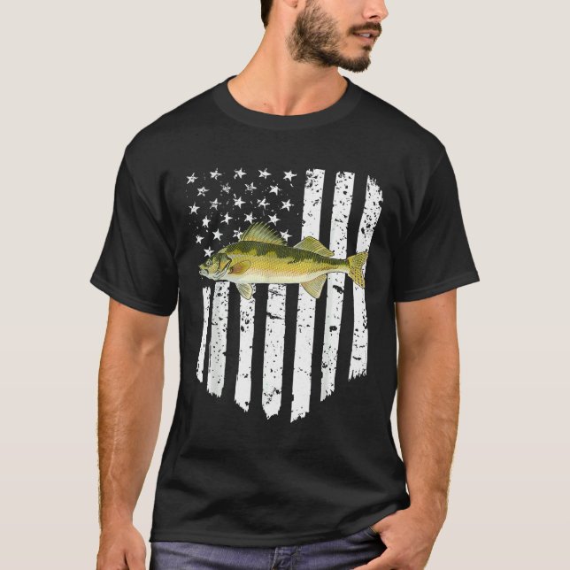 Camiseta White American Flag Walleye 4 De Julho Fish (Frente)