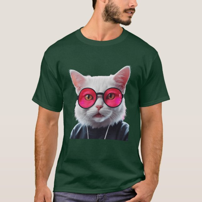 Camiseta White Cat with Pink Glasses Cool (Frente)