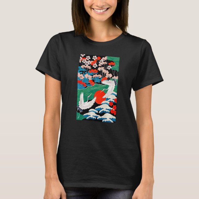 Camiseta White Cranes Birds Japanese Illustration (Frente)