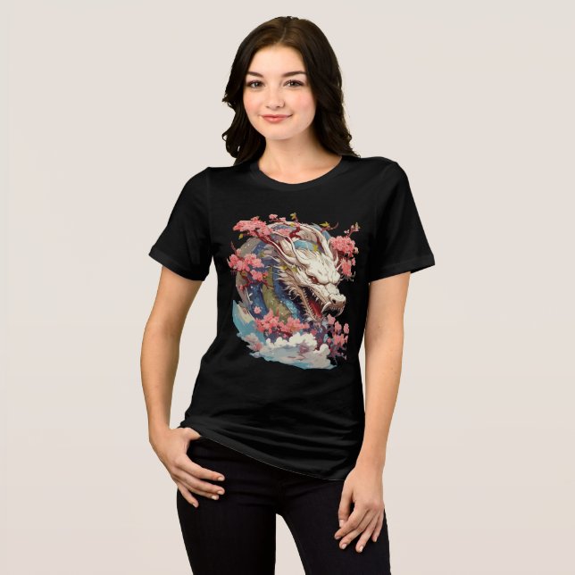 Camiseta White Dragon with Blossoms Fantasy Art (Frente Completa)