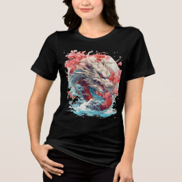 Camiseta White Dragon with Waves and Sakura