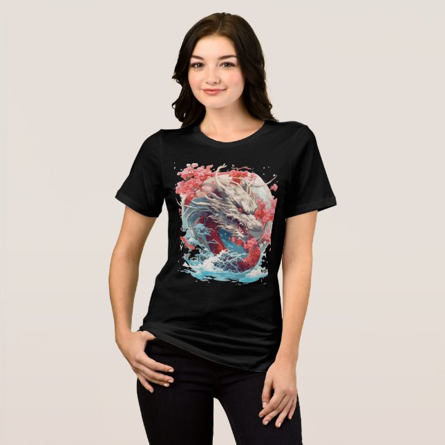 Camiseta White Dragon with Waves and Sakura (Frente Completa)