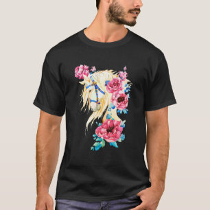 Camiseta White Horse With A Mane Of Pink Peony Flowers Rose