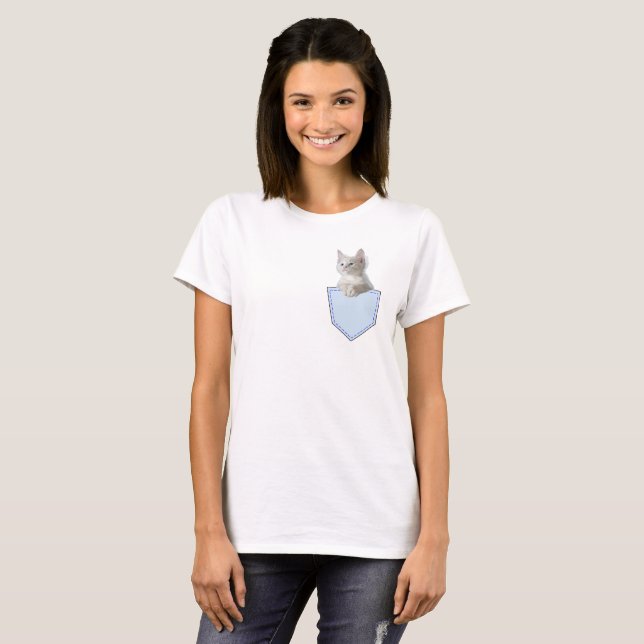 Camiseta White Kitten no bolso ilusão engraçada gráfico 3D (Frente Completa)