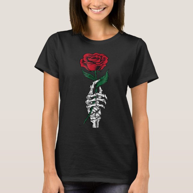 Camiseta White Skeleton Hand Holding Rose Flower Funny Vale (Frente)