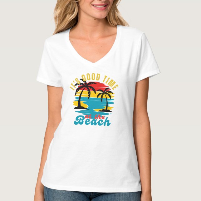Camiseta White Vintage Sunrise Sunset Nature Beach V-Neck (Frente)
