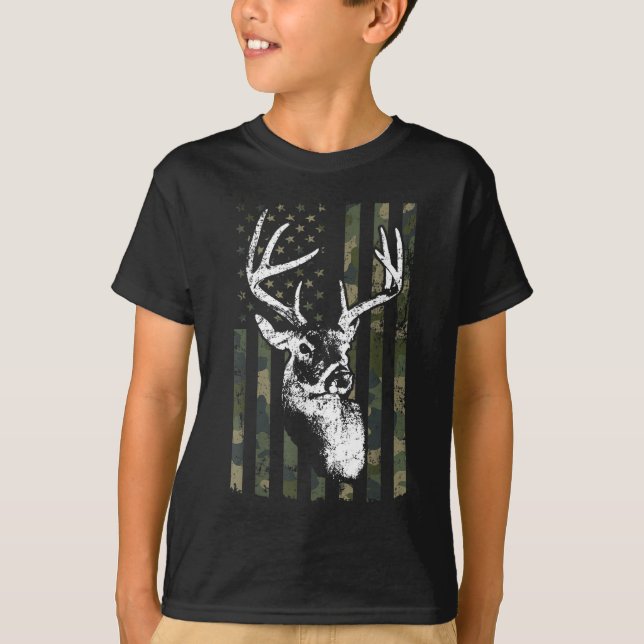 Camiseta Whitetail Buck Deer Hunting EUA Camouflage América (Frente)