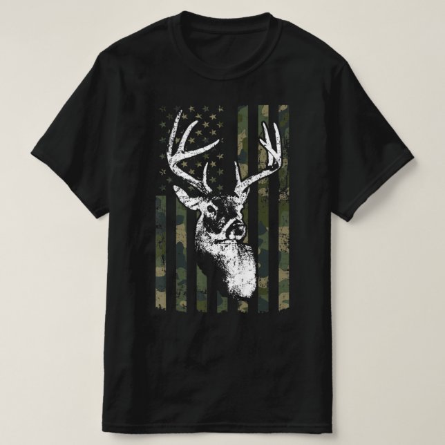 Camiseta Whitetail Buck Deer Hunting EUA Camouflage América (Frente do Design)