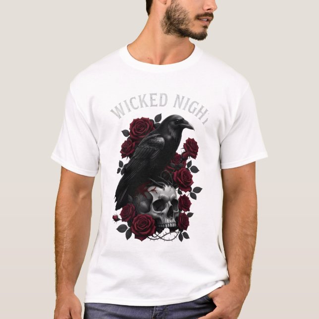 Camiseta Wicked Night Raven & Skull Gothic Halloween T-Shir (Frente)