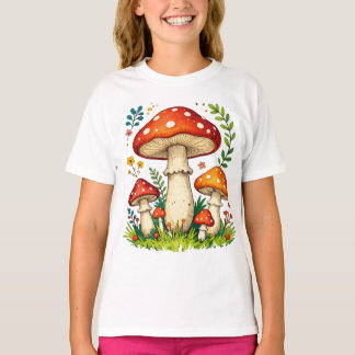 Camiseta Wild mushrooms and flowers in grass forest nature