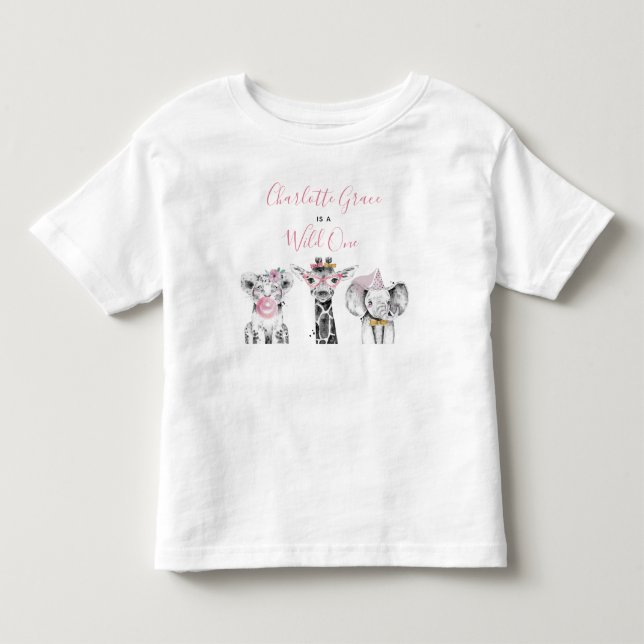 Camiseta Wild One Animal Safari Black White Pink Aniversári (Frente)