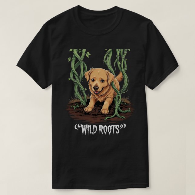 Camiseta Wild Roots – Spooky Golden Retriever Garden Design (Frente do Design)