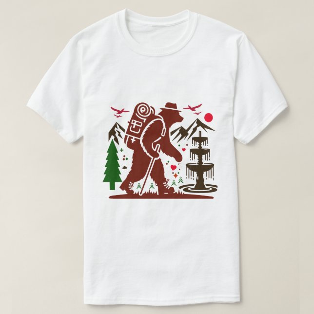 Camiseta Wilderness Caminhando com o Urso Explorador de Art (Frente do Design)