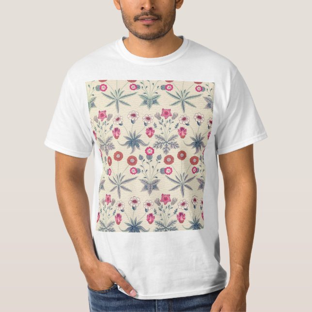 Camiseta William Morris Daisy Padrão Floral Laranja Vermelh (Frente)