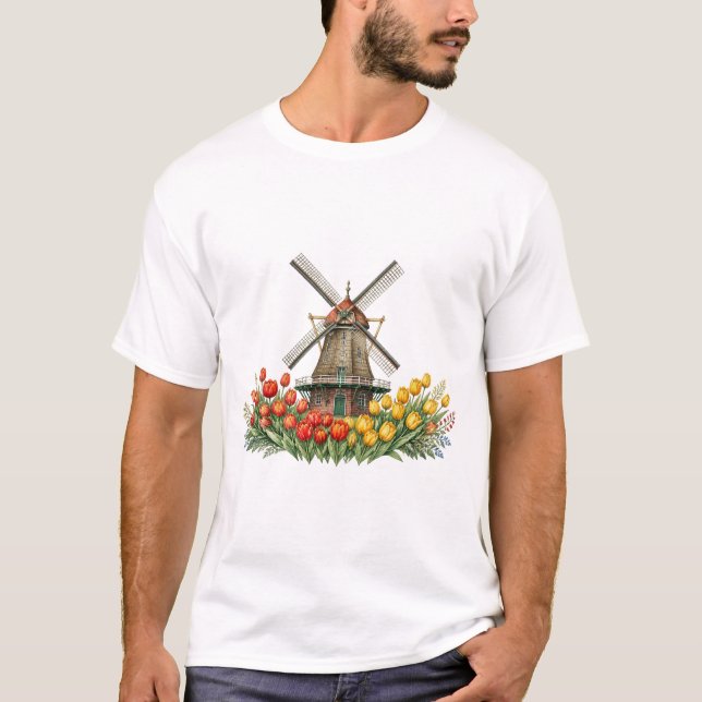 Camiseta Windmühle Im Tulpenfeld Mit Blumenhaus (Frente)
