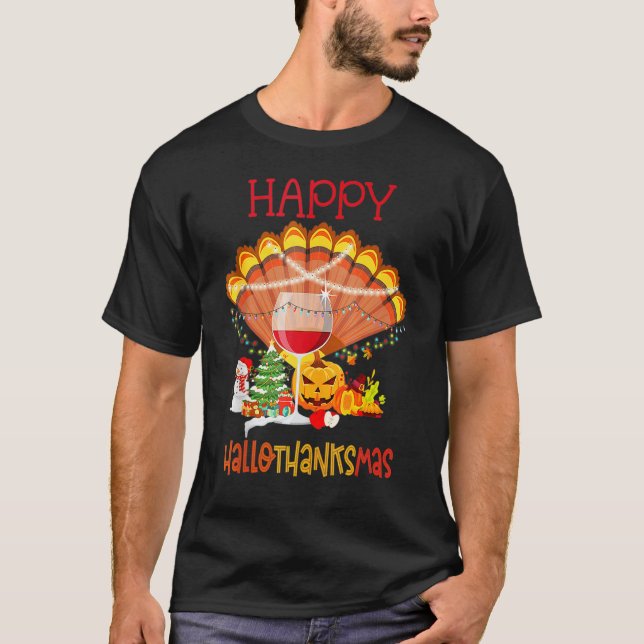 Camiseta Wine Glass Thankgiving Happy Hallothanksmas (Frente)