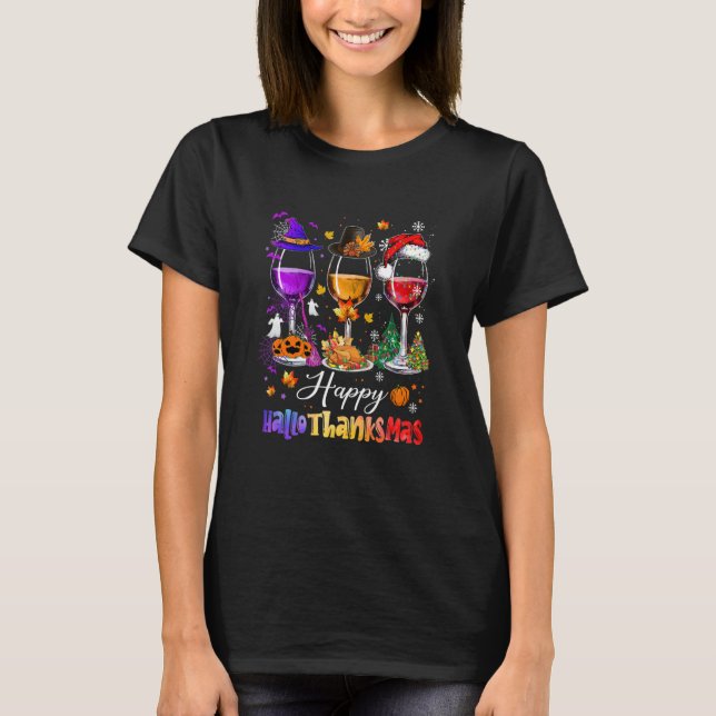 Camiseta Wine Glasses Halloween Merry Christmas Happy Hallo (Frente)