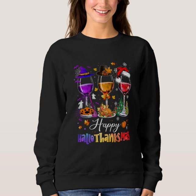 Camiseta Wine Glasses Halloween Merry Christmas Happy Hallo (Frente)