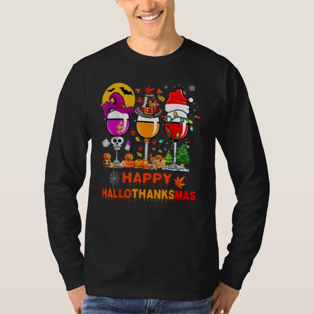 Camiseta Wine Glasses Witch Santa Hat Pumpkin Happy Halloth (Frente)
