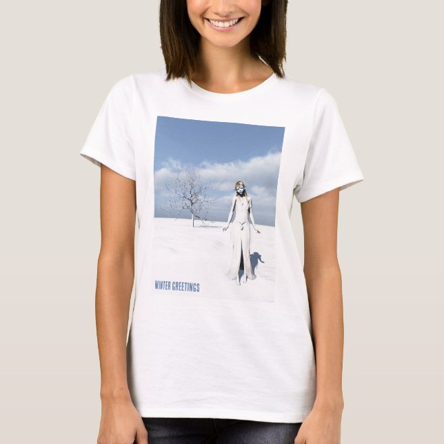 Camiseta Winter Greetings. Female elf walking in the snow (Frente)
