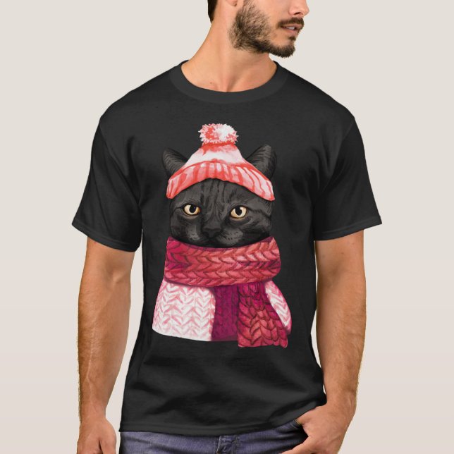 Camiseta Winter Hat And Shawl Black Cat For Kitten (Frente)