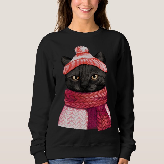 Camiseta Winter Hat And Shawl Black Cat For Kitten (Frente)