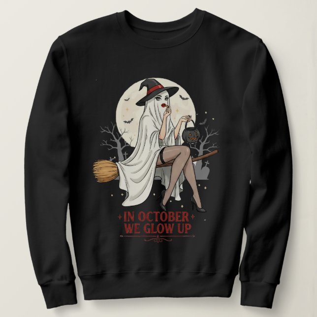 Camiseta Witch Ghost Halloween Design – In October We Glow  (Frente do Design)