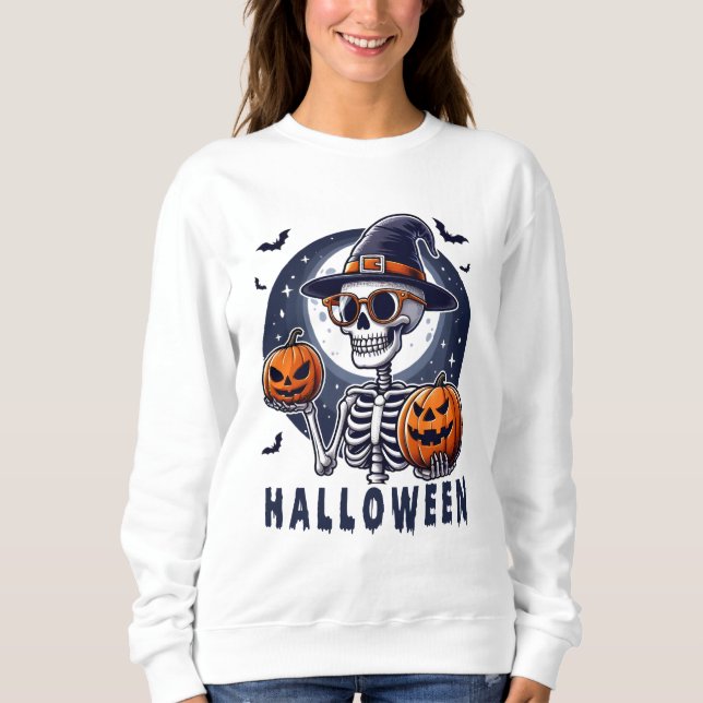 Camiseta Witch Hat Skeleton with Twin Pumpkins (Frente)