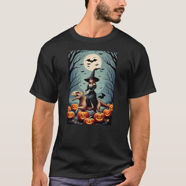 Camiseta Witch Riding Tyrannosaurus Rex dinosaur in a Pumpk (Frente)