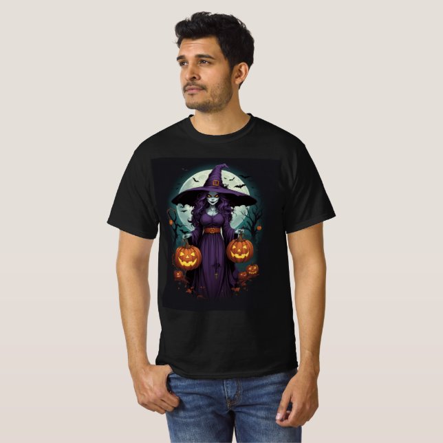 Camiseta Witch with Pumpkins & Full Moon Art (Frente Completa)