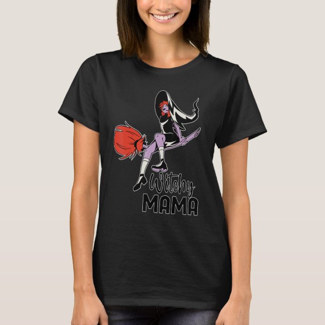 Camiseta Witchy Mama Halloween Messy Bun Skull Witch Mom Wo (Frente)