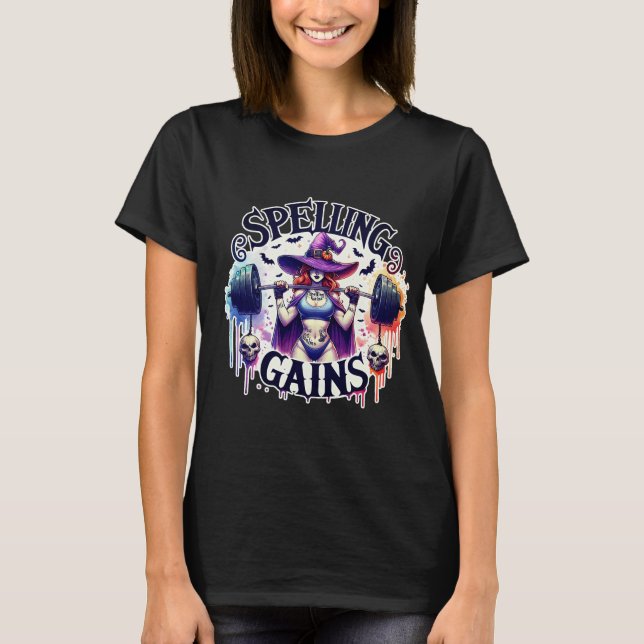 Camiseta Witchy Workouts" Halloween Fitness Tee (Frente)