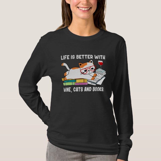 Camiseta With Books Cats And Wine Drinking Dad Mom (Frente)