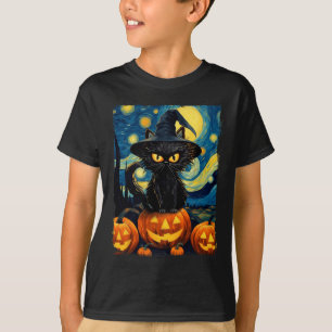 Camiseta Witry Cat Starry Night Van Gogh Retro Halloween Ca