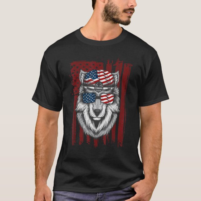 Camiseta Wolf American Flag Usa 4 De Julho Homens Wwl (Frente)