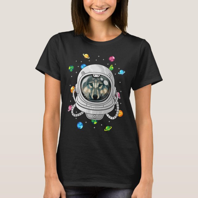 Camiseta Wolf Astronauta Animal Profundo Em Uniões Cósmicas (Frente)