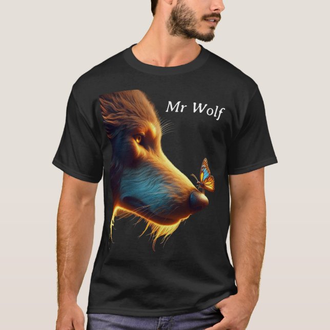 Camiseta Wolf & Butterfly com iluminação traseira do ouro.  (Frente)