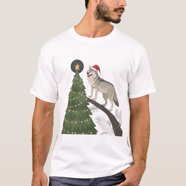 Camiseta Wolf Christmas Funny Xmas tree Vestindo Santa Hat (Frente)