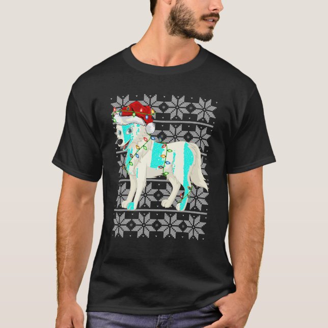 Camiseta Wolf Christmas Lights Santa Hat Wolf Ugly Xmas (Frente)